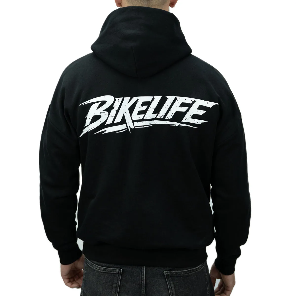 Sweat BIKELIFE RIDERS porté, logo dans le dos